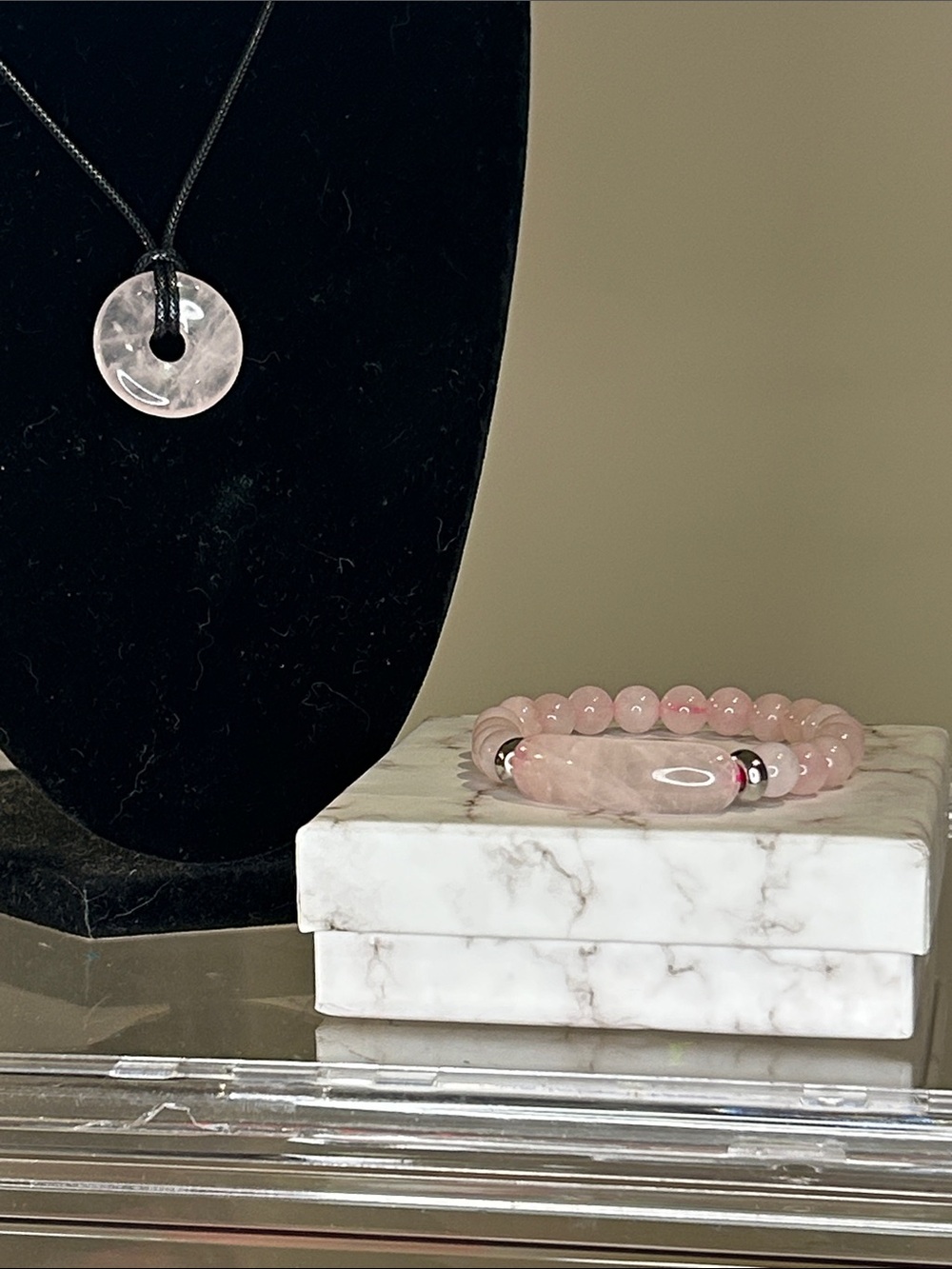 Color Of Love Rose Quartz Pendant Choker Necklace & Stretch Bracelet Set NIB